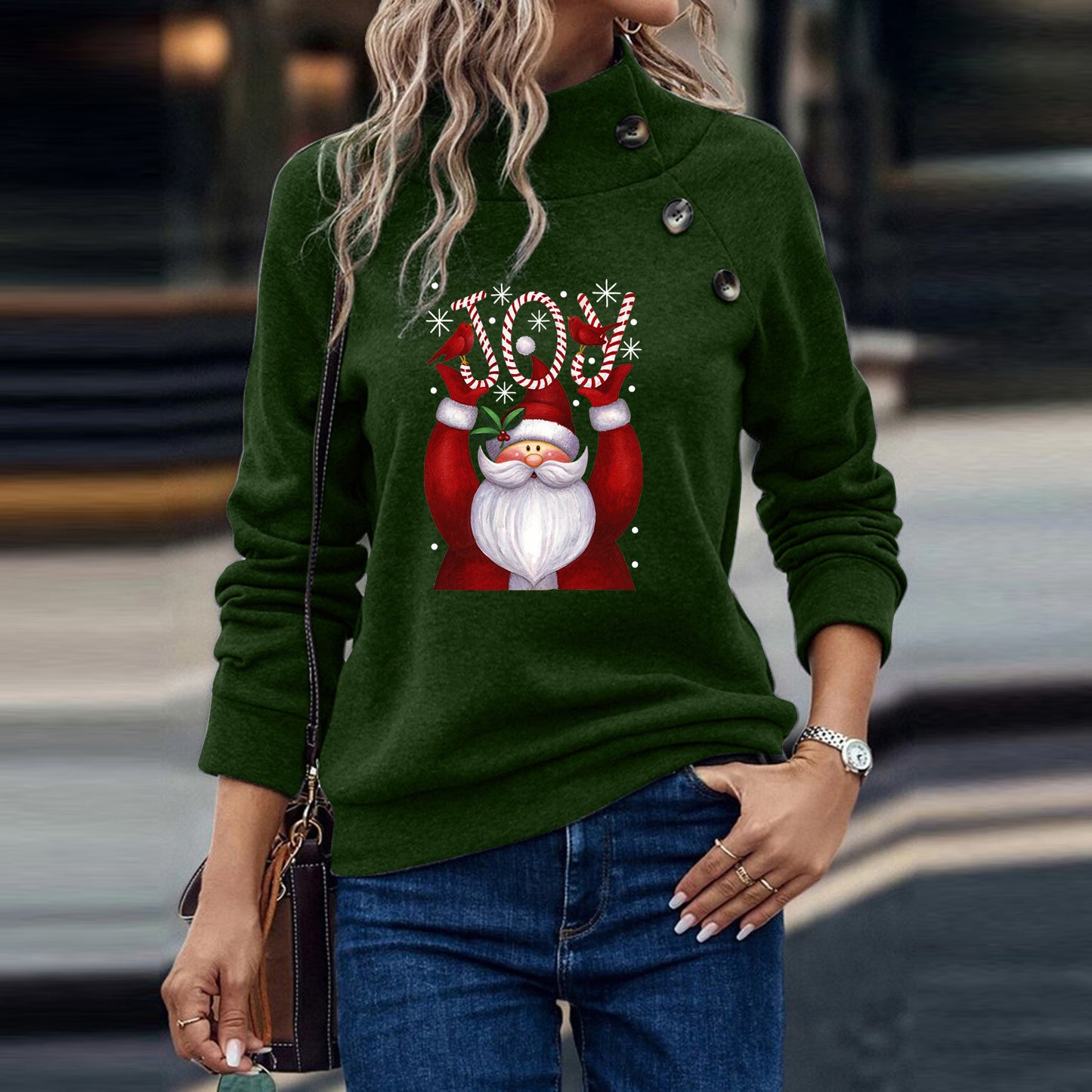 Printed Button Christmas Loose Long Sleeve Sweatershirt Women