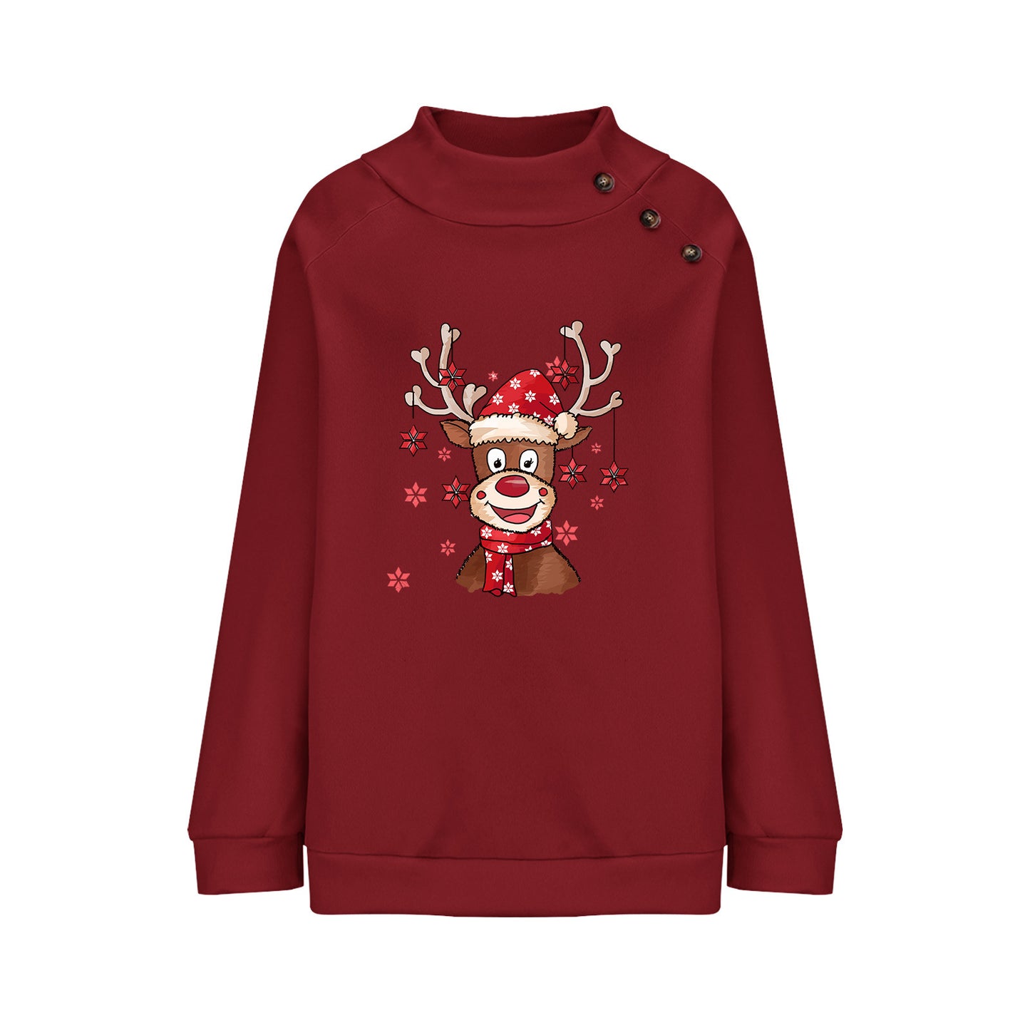 Turtleneck Buttons Christmas Deer Loose Sweater Female