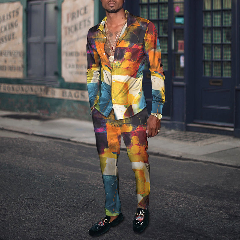 Men's Fashion Casual 3D Colorful Print Long Sleeve Shirt Set