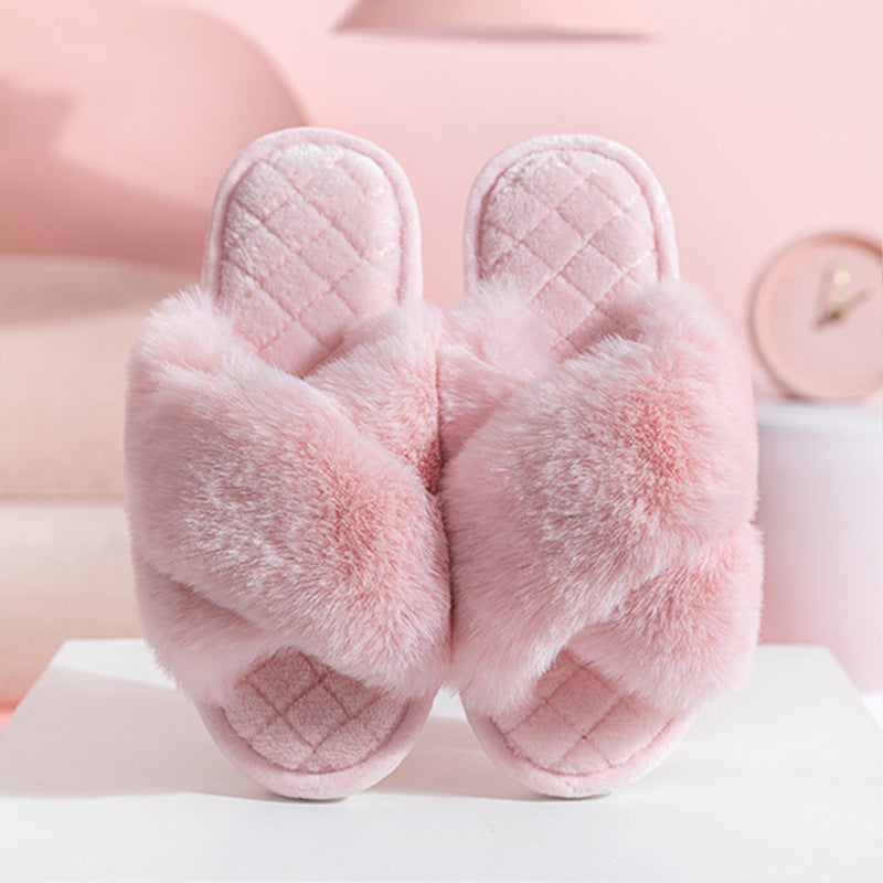 Cross-strap Furry Slippers Warm House Shoes For Women