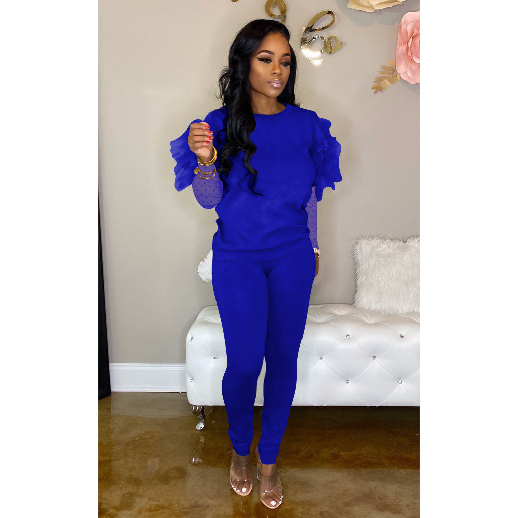 Multicolor Round Neck Mesh Sleeves Casual Two-piece Suit