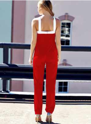 Europe and the United States women's sexy jumpsuit missing shoulder color matching waist jumpsuit trousers