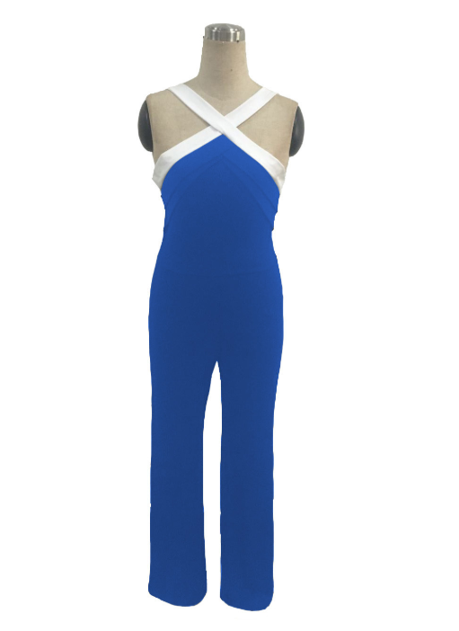 Europe and the United States women's sexy jumpsuit missing shoulder color matching waist jumpsuit trousers