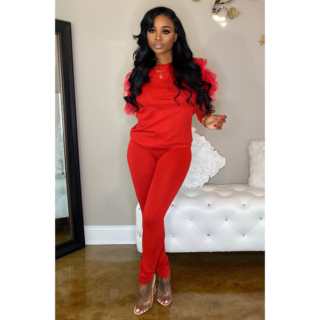 Multicolor Round Neck Mesh Sleeves Casual Two-piece Suit