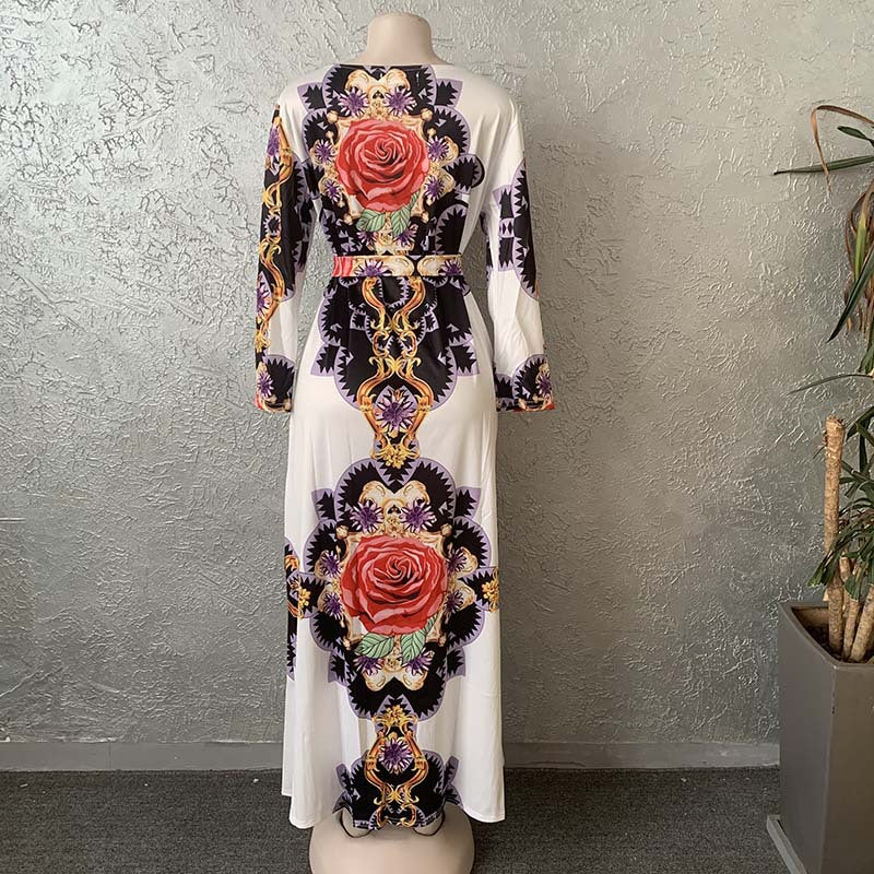 Digital Printed Rose Big Flower Waist Sleeve Round Neck Long Dress African Women's Clothing