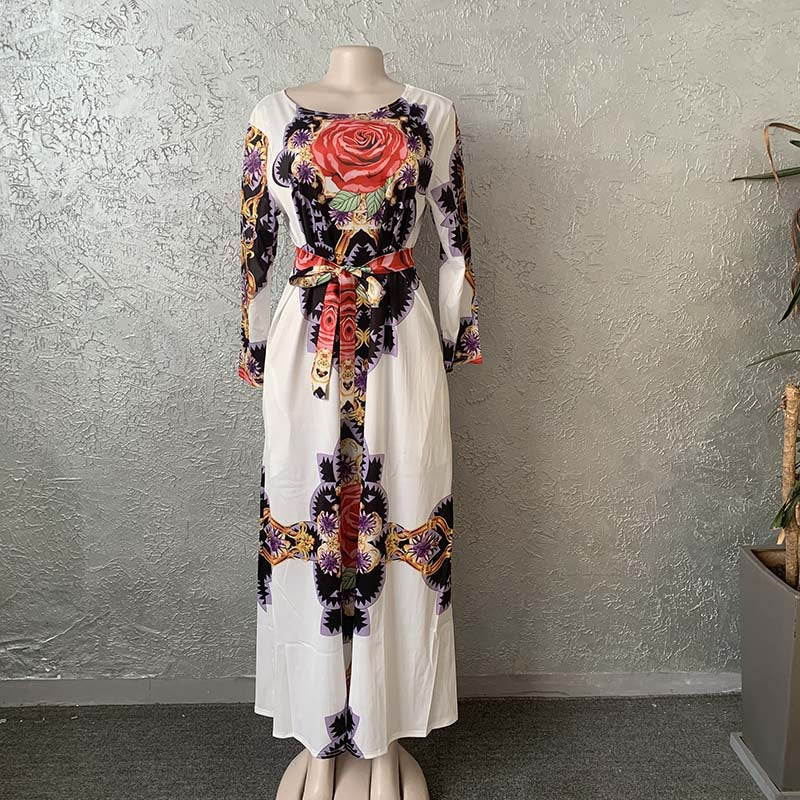 Digital Printed Rose Big Flower Waist Sleeve Round Neck Long Dress African Women's Clothing