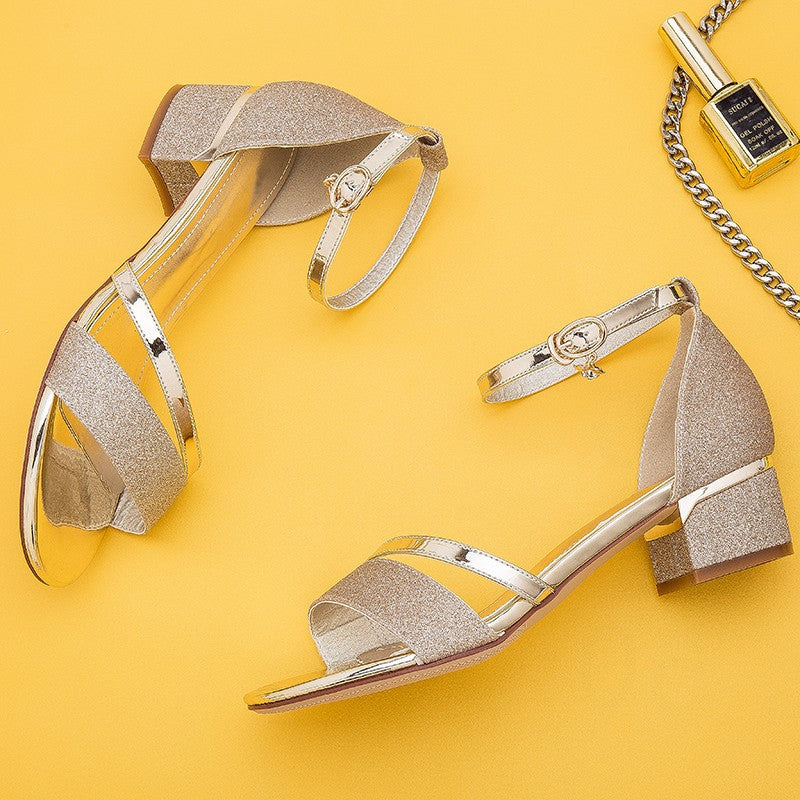 Frosted Surface Ankle Ring Square Heel Fashion Women's Thick Heel Sandals