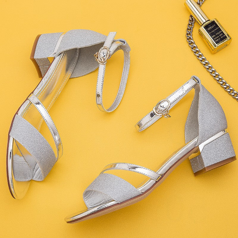 Frosted Surface Ankle Ring Square Heel Fashion Women's Thick Heel Sandals