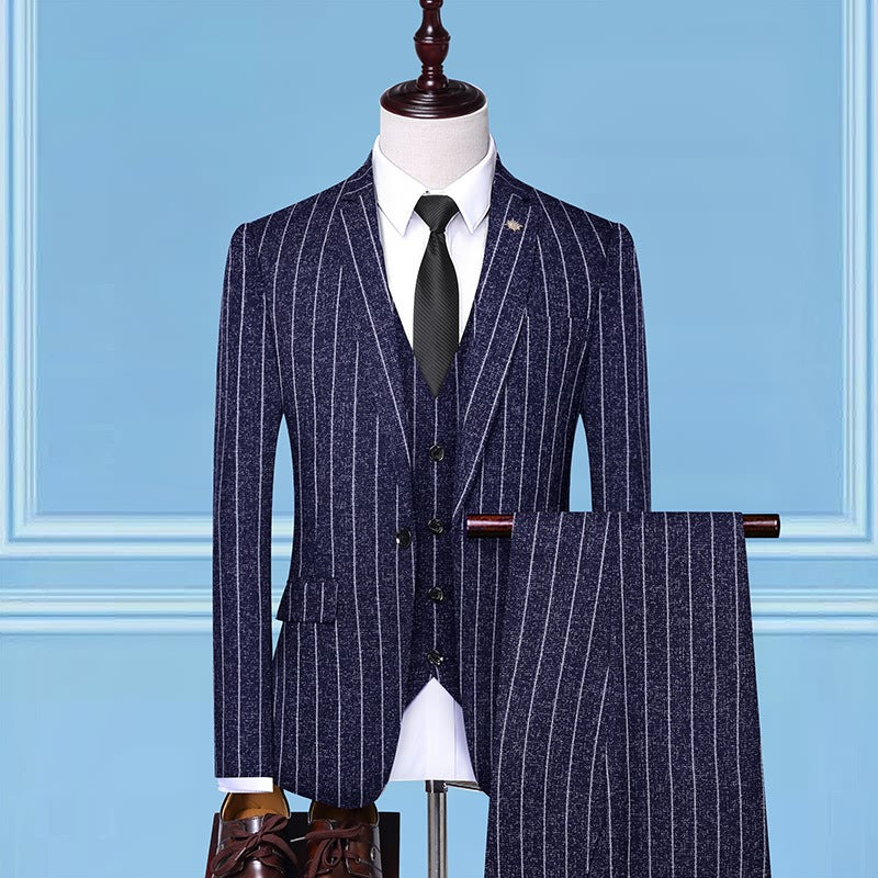 2020 New Trend Men'S Suit Three-Piece Wedding Banquet Suit Linen Stripe Slim Fashion British Style