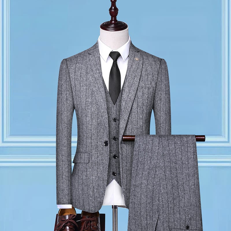 2020 New Trend Men'S Suit Three-Piece Wedding Banquet Suit Linen Stripe Slim Fashion British Style