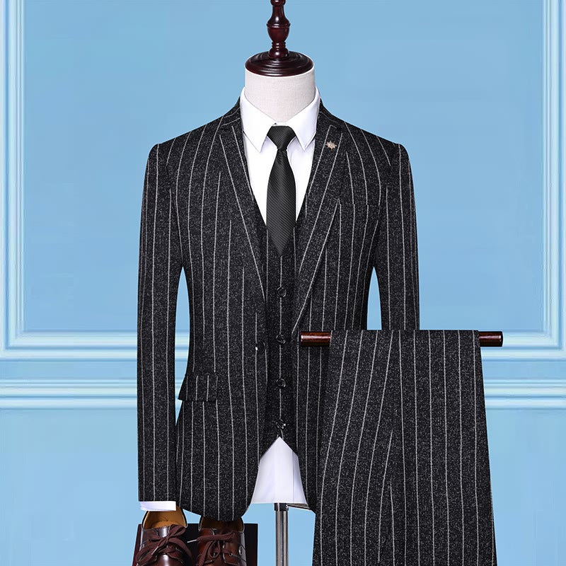 2020 New Trend Men'S Suit Three-Piece Wedding Banquet Suit Linen Stripe Slim Fashion British Style