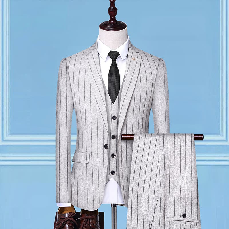2020 New Trend Men'S Suit Three-Piece Wedding Banquet Suit Linen Stripe Slim Fashion British Style
