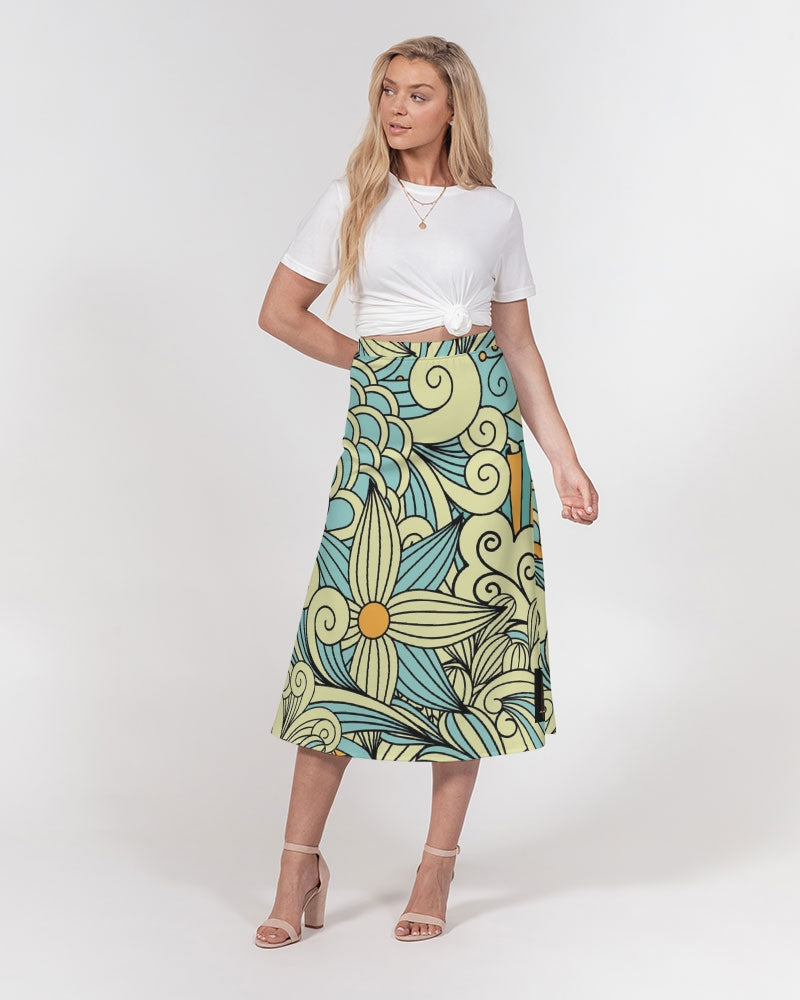 Angry yellow blue green print Women's A-Line Midi Skirt