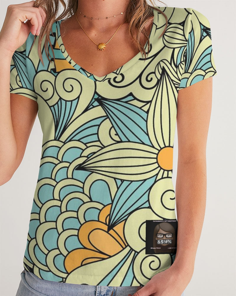 Angry yellow blue green print Women's V-Neck Tee