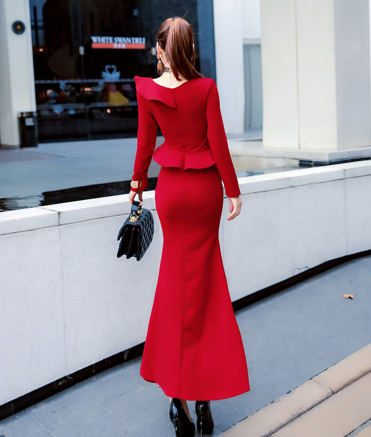 Spring and autumn new Korean sexy V-neck high waist slim slimming long-sleeved dress dress long skirt