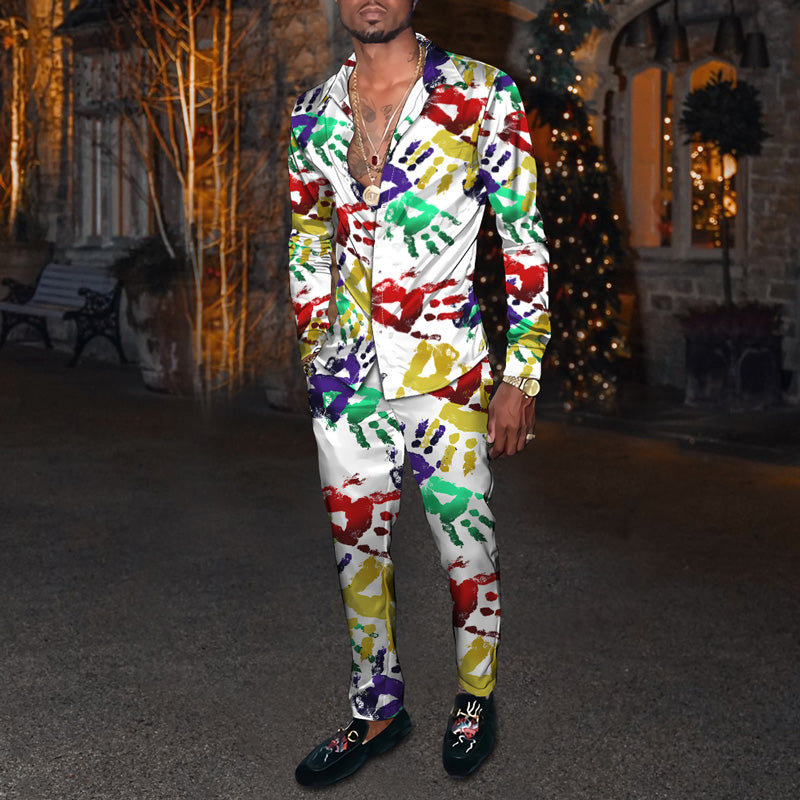 Men's Fashion Casual 3D Colorful Print Long Sleeve Shirt Set