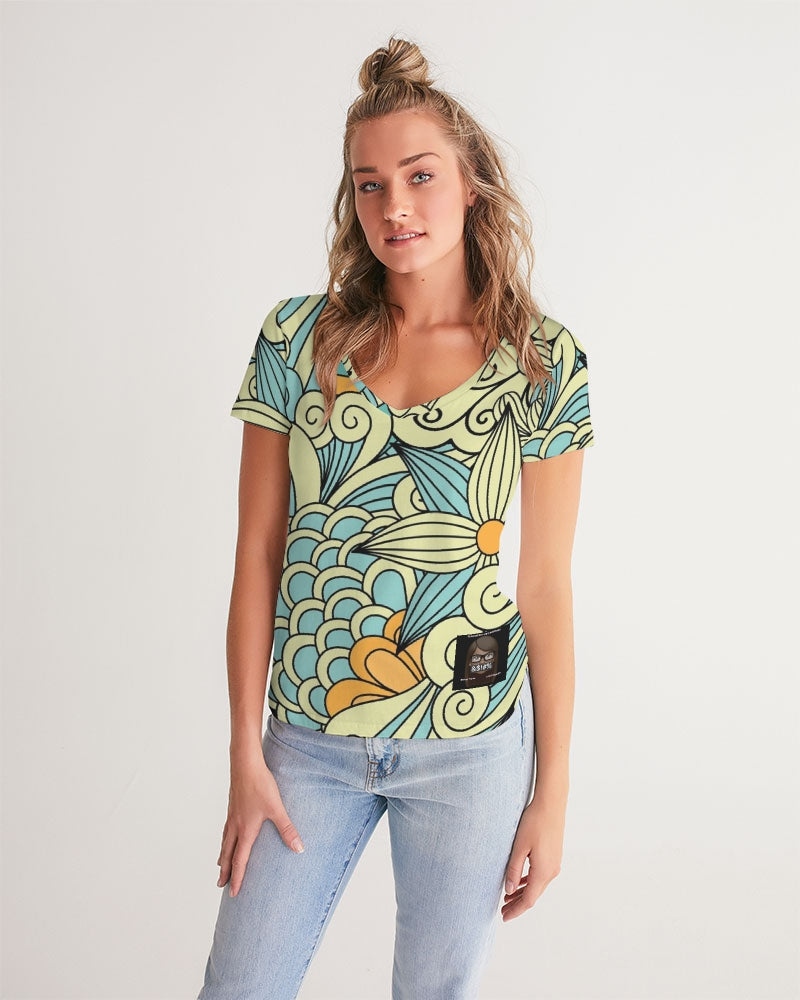 Angry yellow blue green print Women's V-Neck Tee