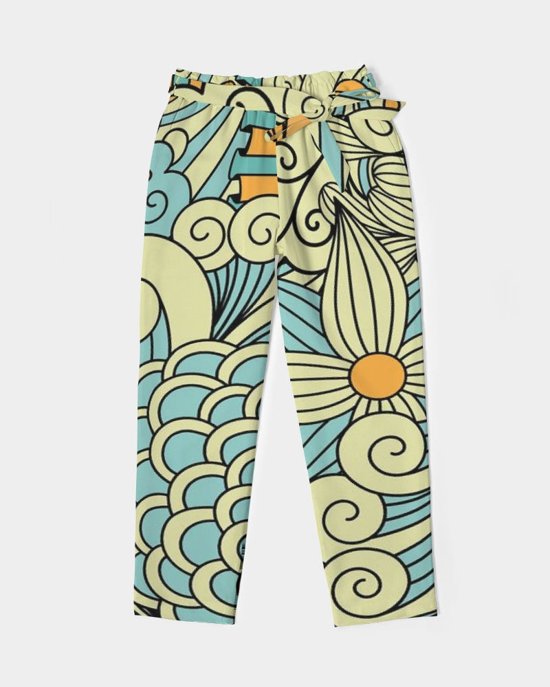 Angry yellow blue green print Women's Belted Tapered Pants