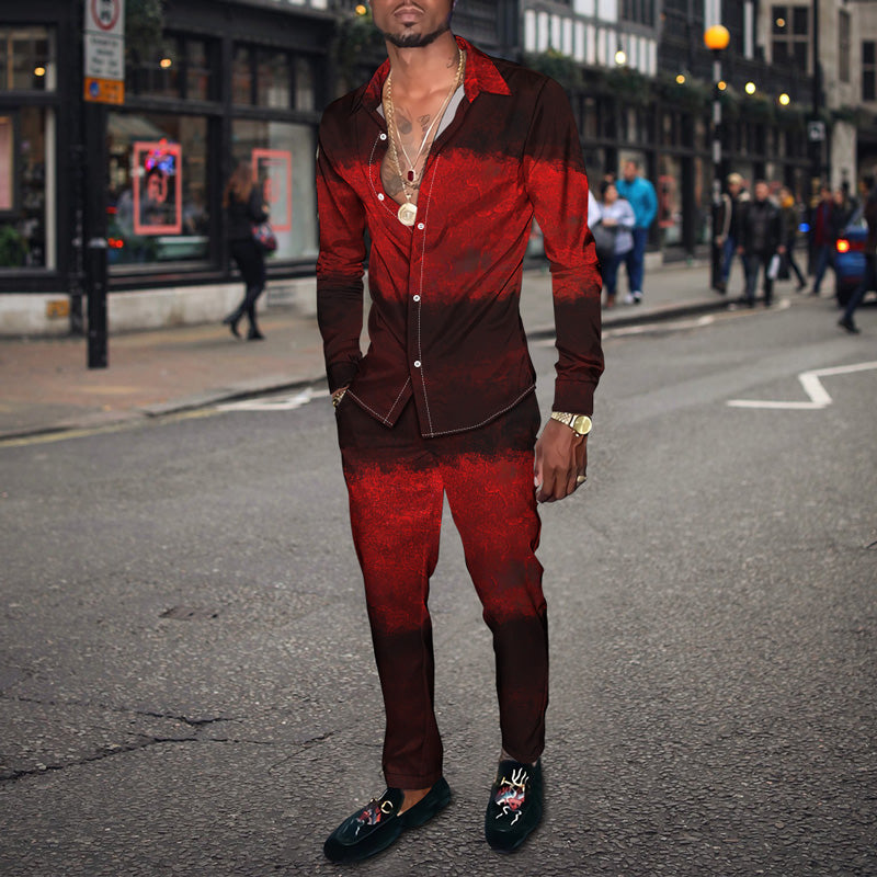 Men's Fashion Casual 3D Colorful Print Long Sleeve Shirt Set