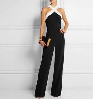 Europe and the United States women's sexy jumpsuit missing shoulder color matching waist jumpsuit trousers