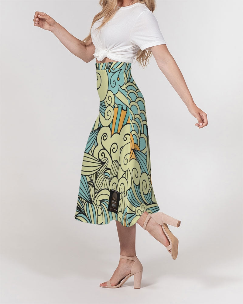 Angry yellow blue green print Women's A-Line Midi Skirt