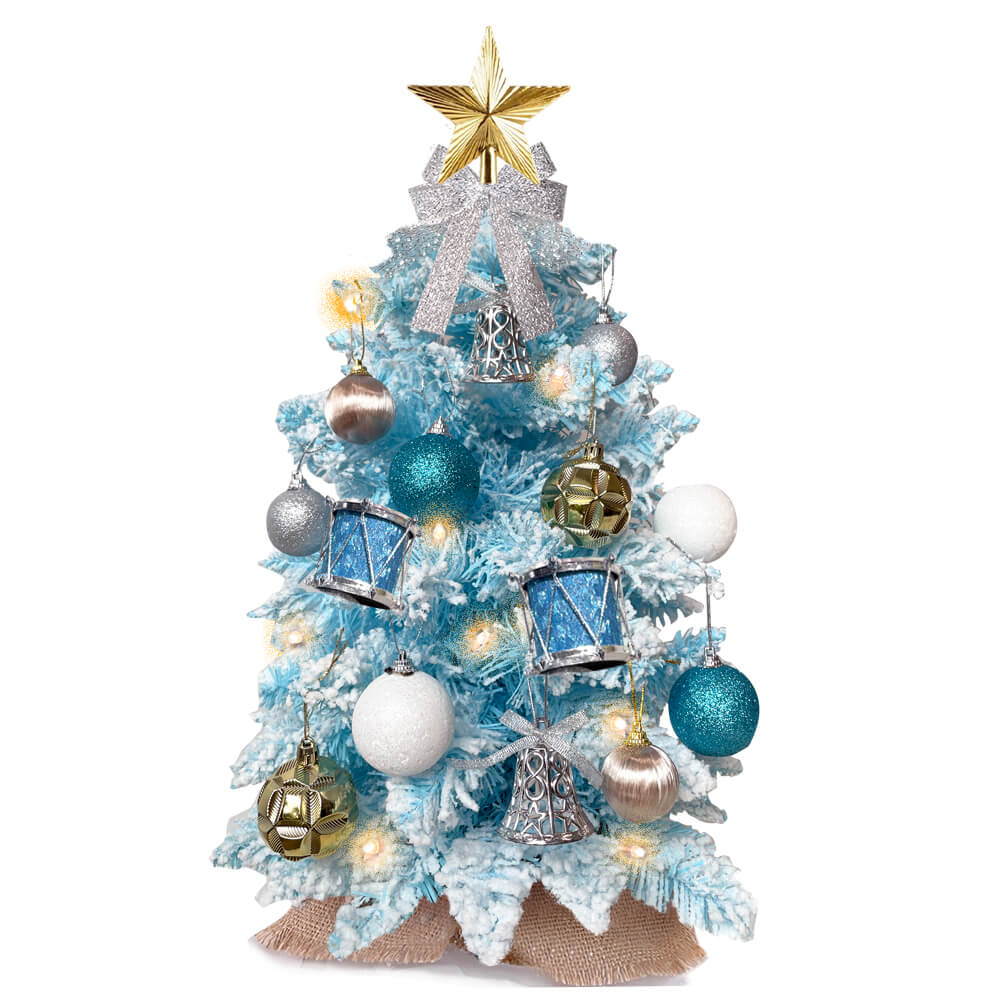 2ft Tabletop Christmas Tree With Light Artificial Small Mini Blue Christmas Decoration With Flocked Snow, Exquisite Decor & Xmas Ornaments For Table Top For Home & Office