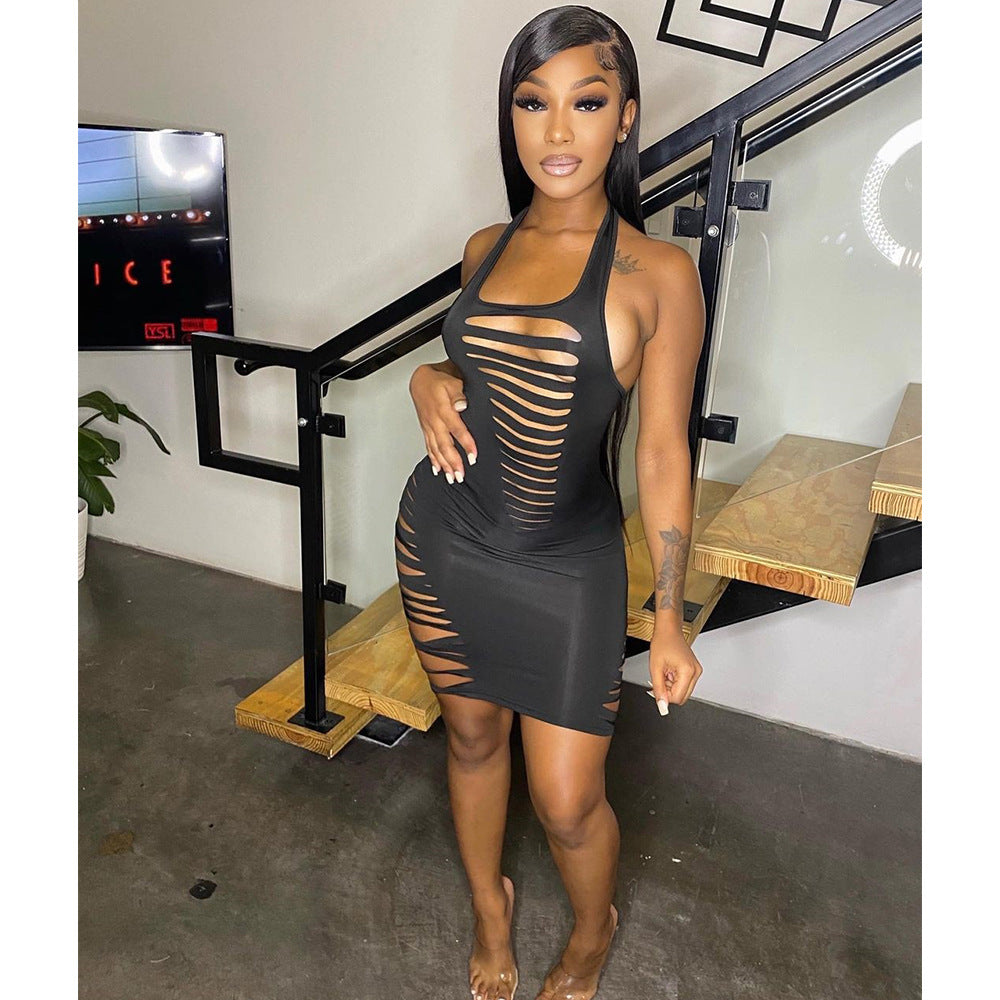 Women's Solid Color Burning Flower Halter Hollow Dress