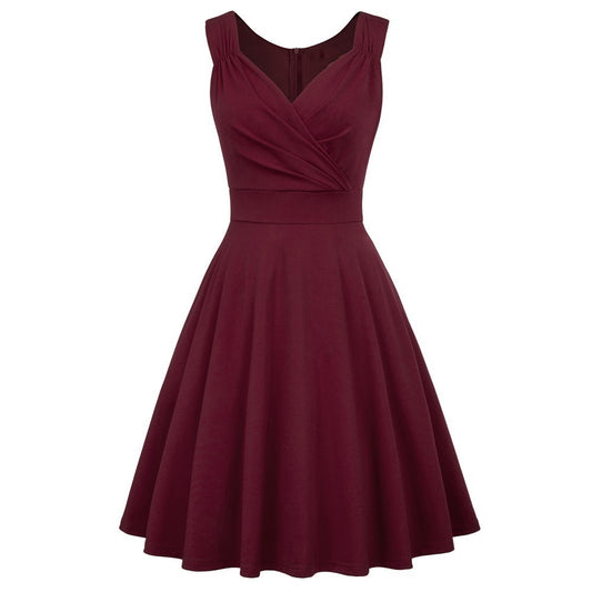 V-neck sleeveless sexy solid A-line skirt