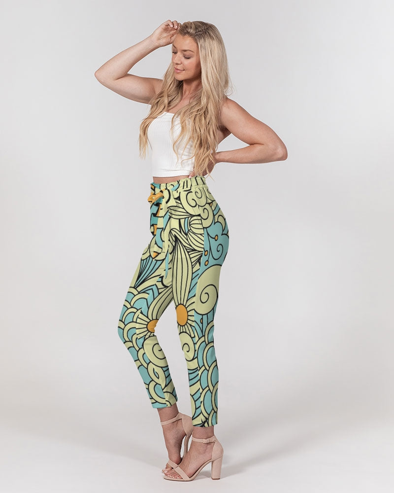 Angry yellow blue green print Women's Belted Tapered Pants