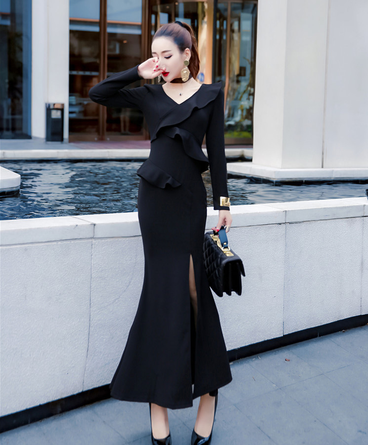 Spring and autumn new Korean sexy V-neck high waist slim slimming long-sleeved dress dress long skirt
