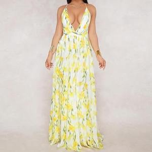 European and American deep V-neck  back chiffon dress