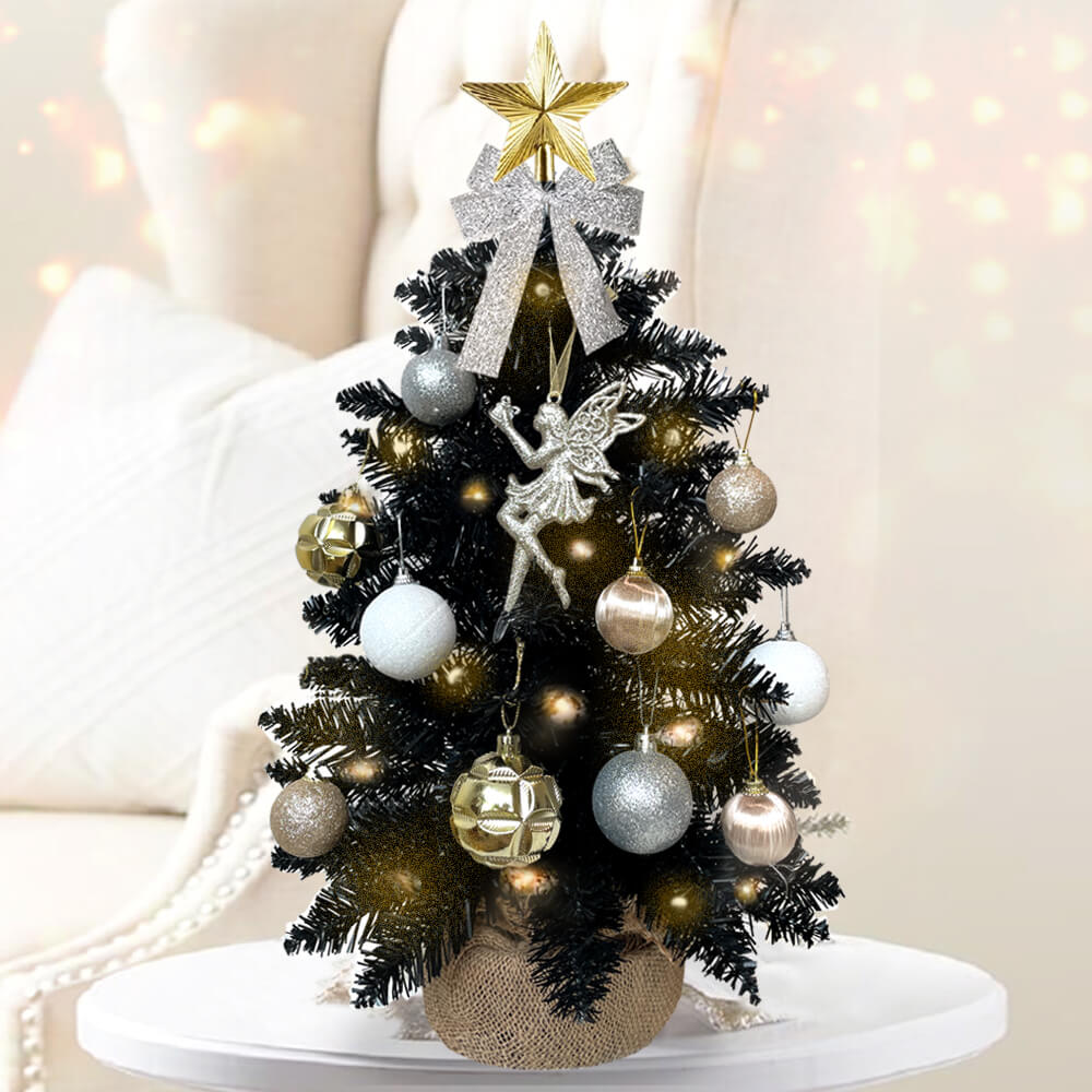 2ft Tabletop Christmas Tree With Light Artificial Small Mini Black Christmas Decoration, Exquisite Decor & Xmas Ornaments For Table Top For Home & Office