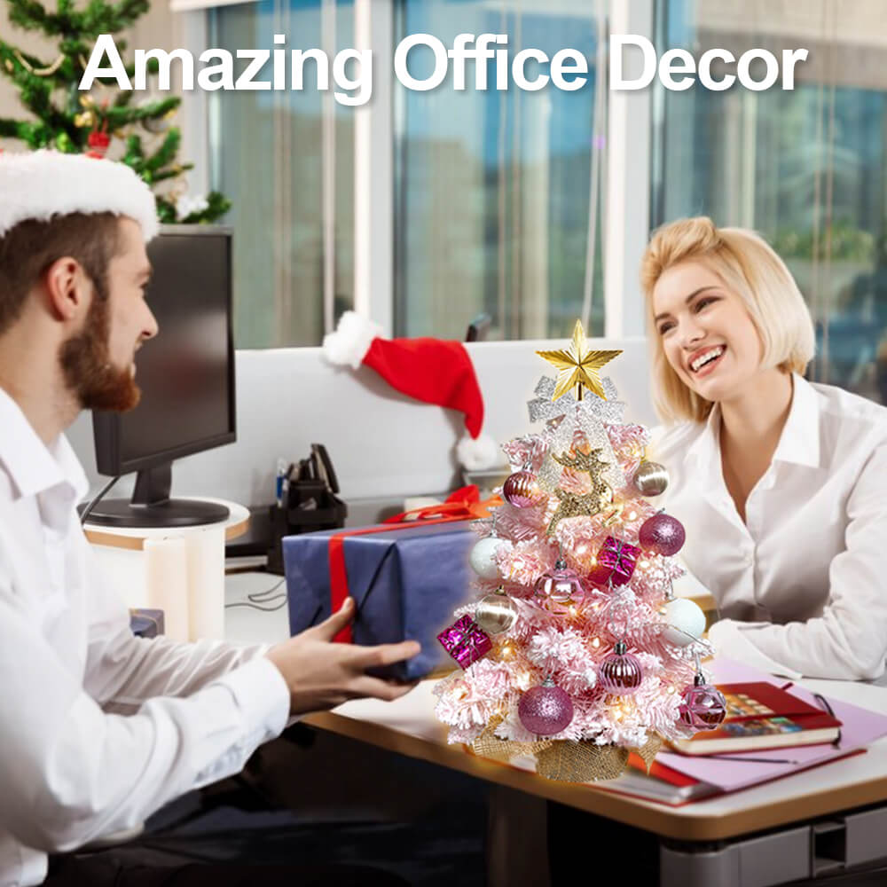 2ft Tabletop Christmas Tree With Light Artificial Small Mini Christmas Decoration With Flocked Snow, Exquisite Decor & Xmas Ornaments For Table Top For Home & Office