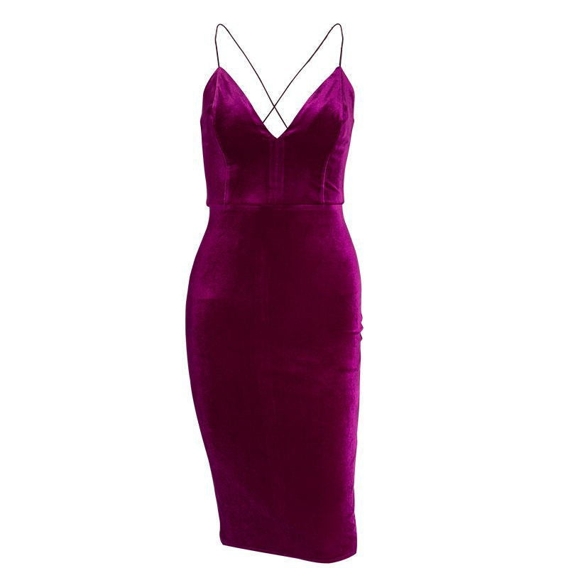 Strap V-neck dress wrap chest pencil skirt mid-skirt