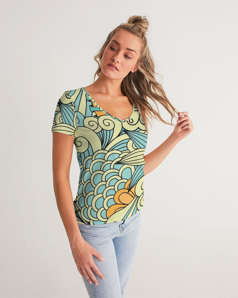 Angry yellow blue green print Women's V-Neck Tee