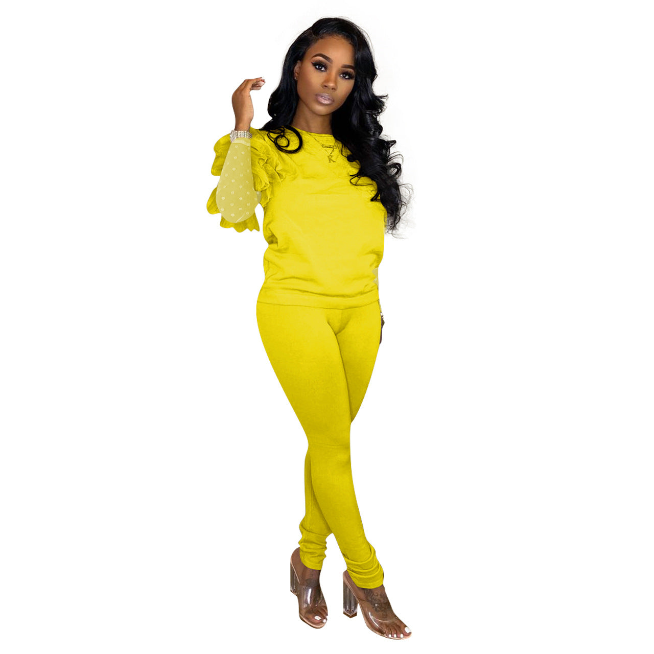 Multicolor Round Neck Mesh Sleeves Casual Two-piece Suit