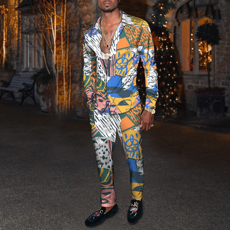 Men's Fashion Casual 3D Colorful Print Long Sleeve Shirt Set