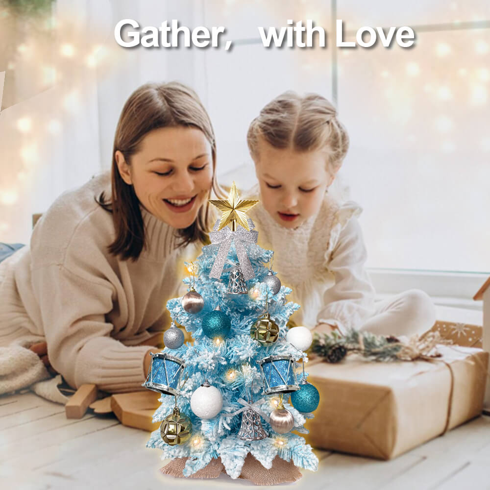 2ft Tabletop Christmas Tree With Light Artificial Small Mini Blue Christmas Decoration With Flocked Snow, Exquisite Decor & Xmas Ornaments For Table Top For Home & Office