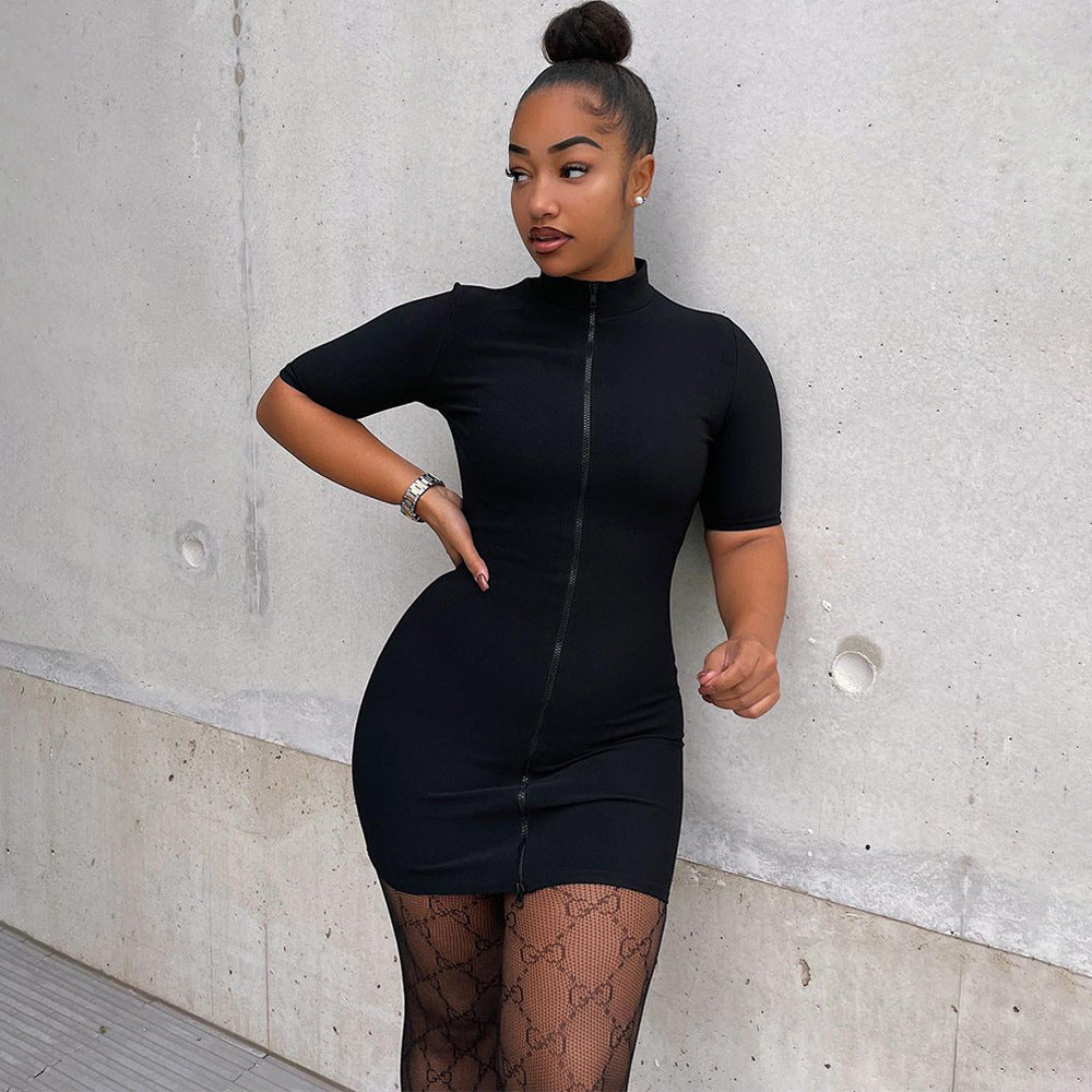 Women's Fashion Tight Zip Milk Silk Solid Color Half Sleeve Dress