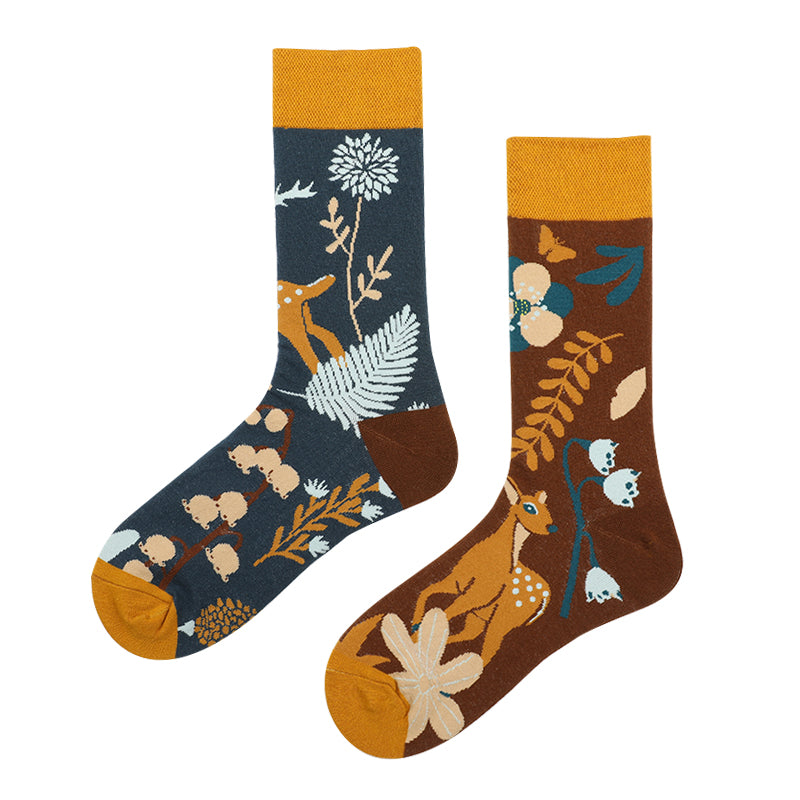 Asymmetrical Color Retro Personality Male And Female Couple Mid-length Cotton Socks