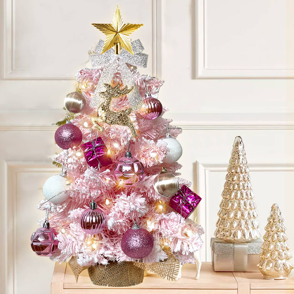 2ft Tabletop Christmas Tree With Light Artificial Small Mini Christmas Decoration With Flocked Snow, Exquisite Decor & Xmas Ornaments For Table Top For Home & Office