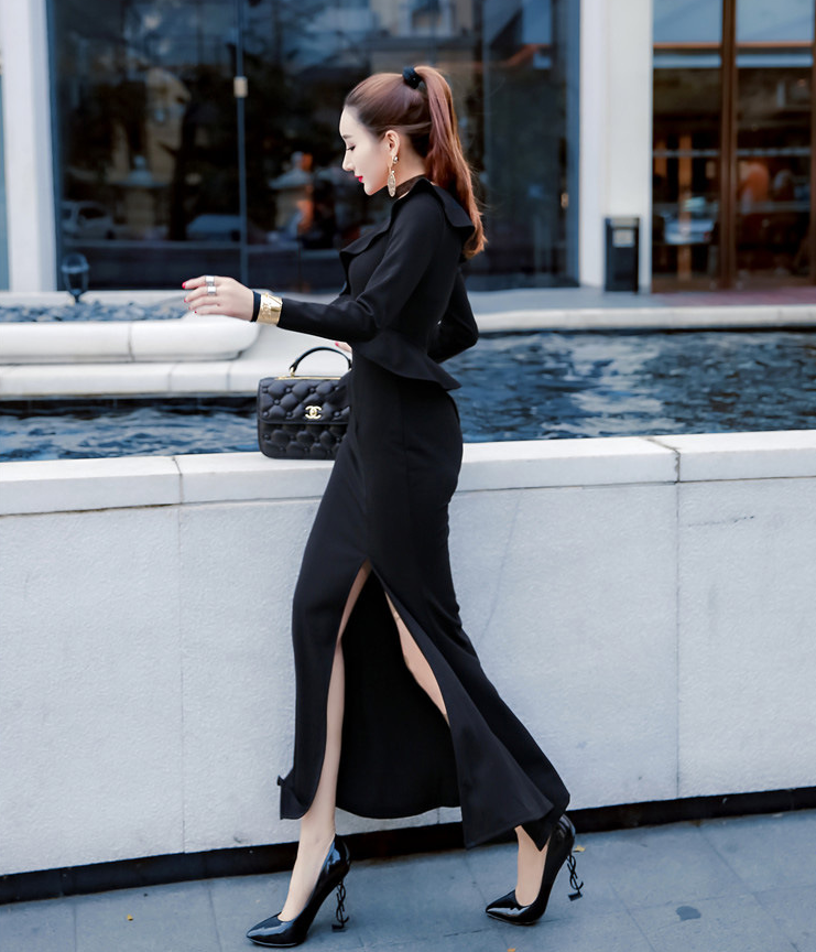 Spring and autumn new Korean sexy V-neck high waist slim slimming long-sleeved dress dress long skirt