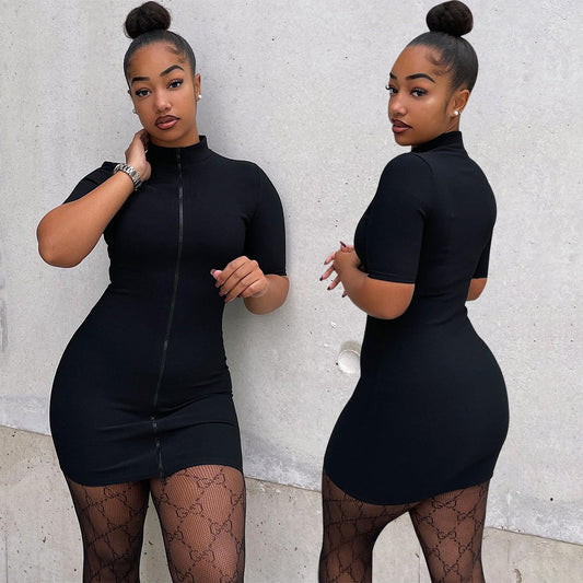 Women's Fashion Tight Zip Milk Silk Solid Color Half Sleeve Dress