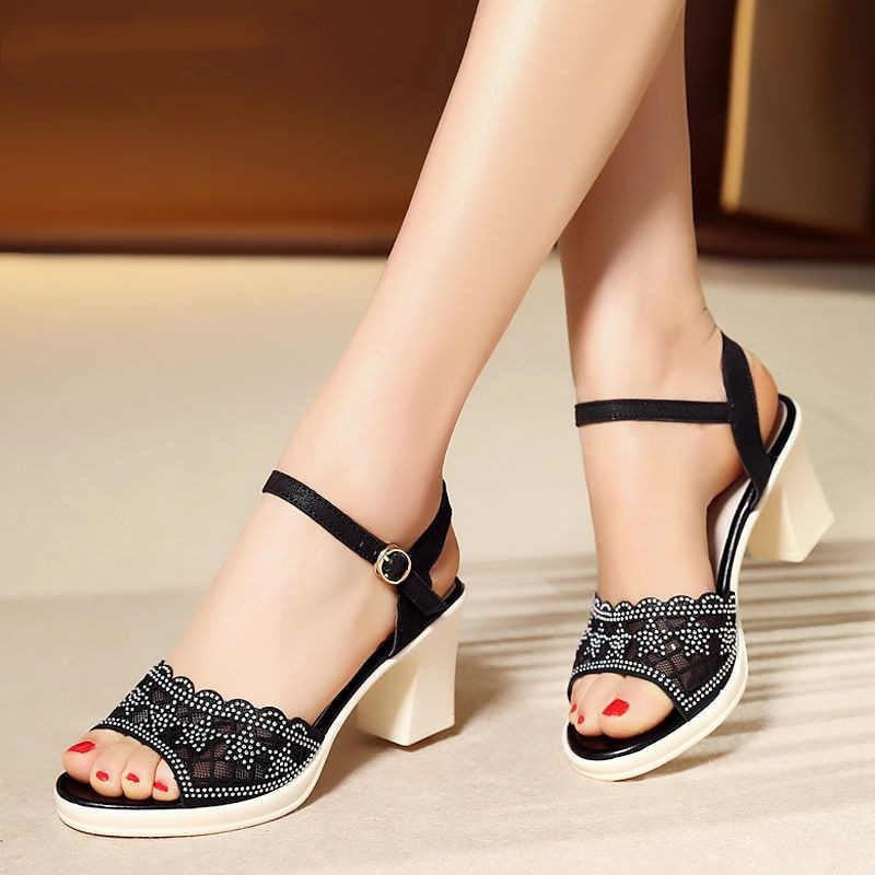 Rhinestone Hollow Word With Thick Heel Roman Shoes