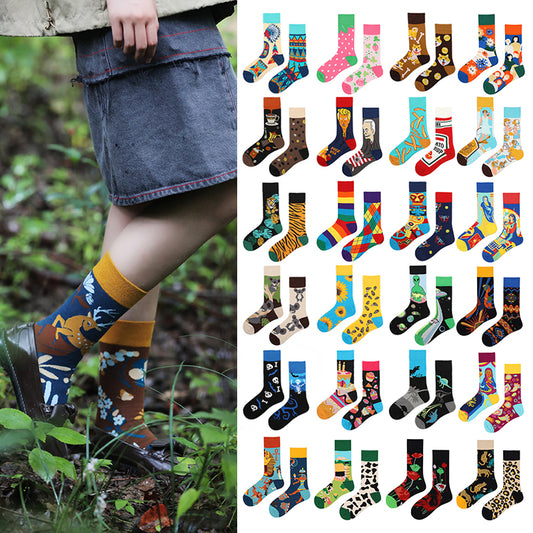 Asymmetrical Color Retro Personality Male And Female Couple Mid-length Cotton Socks