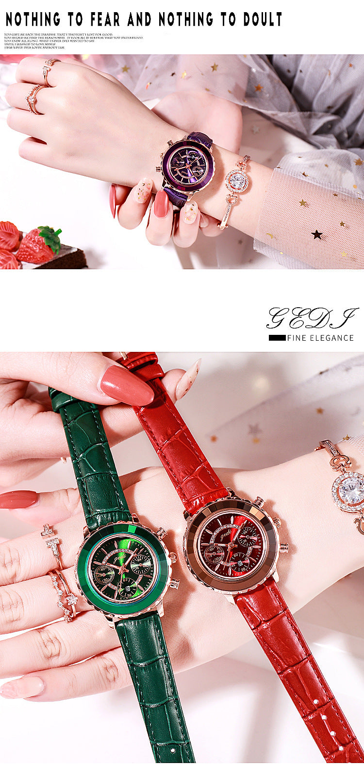 Green Leather Strap Ladies Belt Calendar Watch