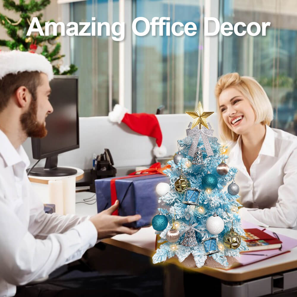 2ft Tabletop Christmas Tree With Light Artificial Small Mini Blue Christmas Decoration With Flocked Snow, Exquisite Decor & Xmas Ornaments For Table Top For Home & Office