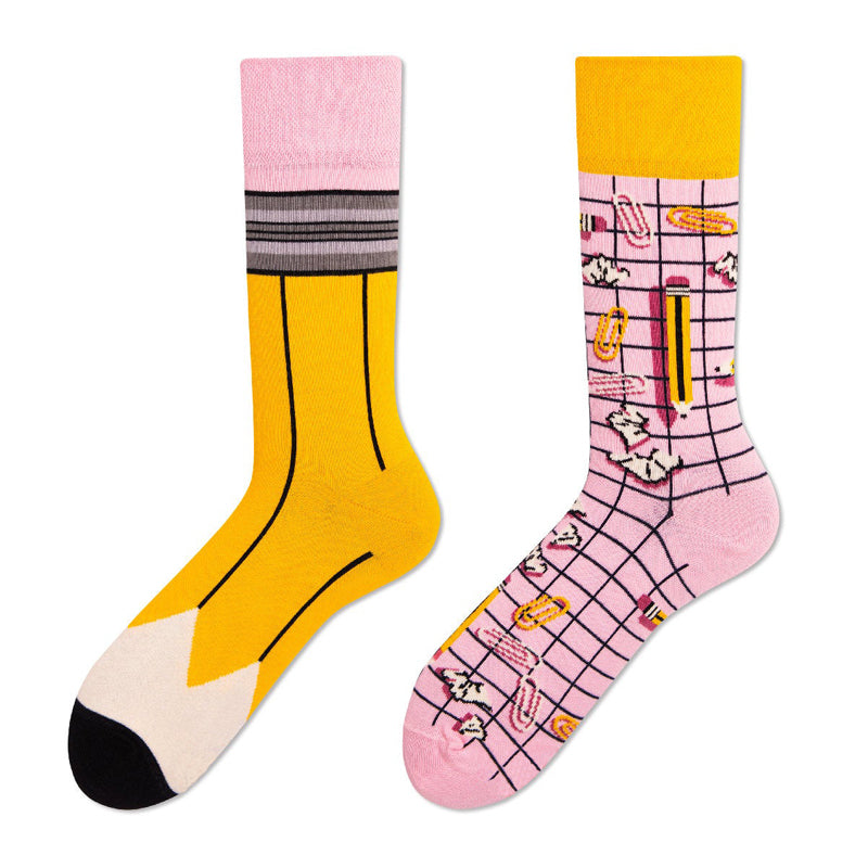 Asymmetrical Color Retro Personality Male And Female Couple Mid-length Cotton Socks
