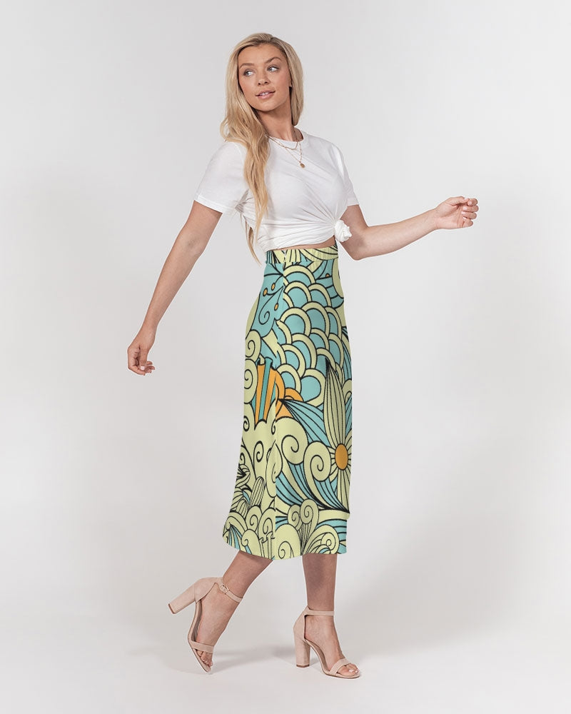 Angry yellow blue green print Women's A-Line Midi Skirt