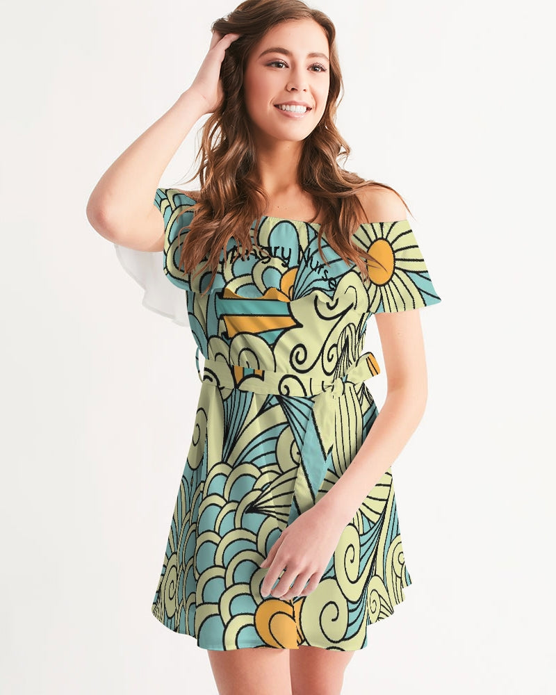 Angry yellow blue green print Women's Off-Shoulder Dress